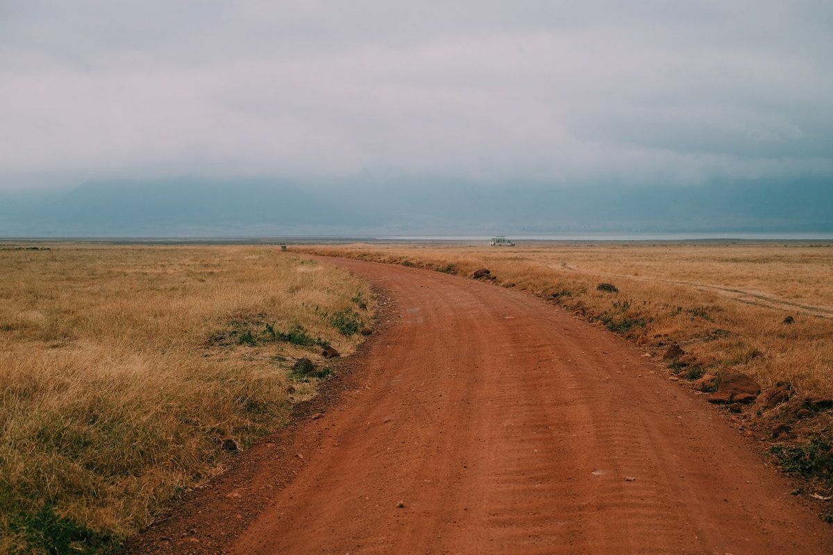 Piste de terre rouge qui traverse une plaine couverte d'herbes sèches